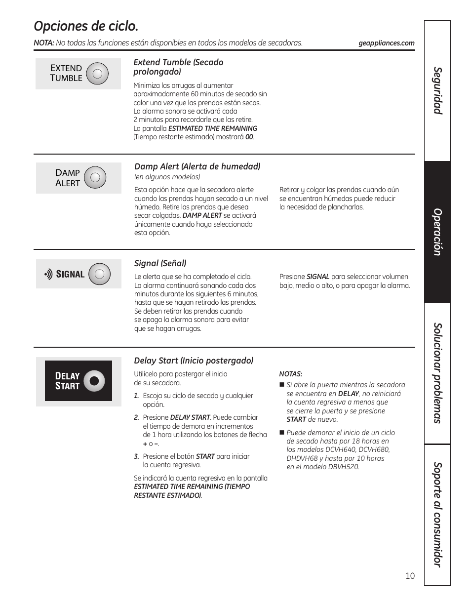 Opciones de los ciclos, Opciones de ciclo | GE DBVH520 User Manual | Page 38 / 56