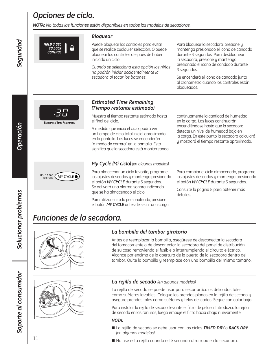 Funciones de la secadora cómo cambiar el sentido, Opciones de ciclo, Funciones de la secadora | GE DBVH520 User Manual | Page 39 / 56