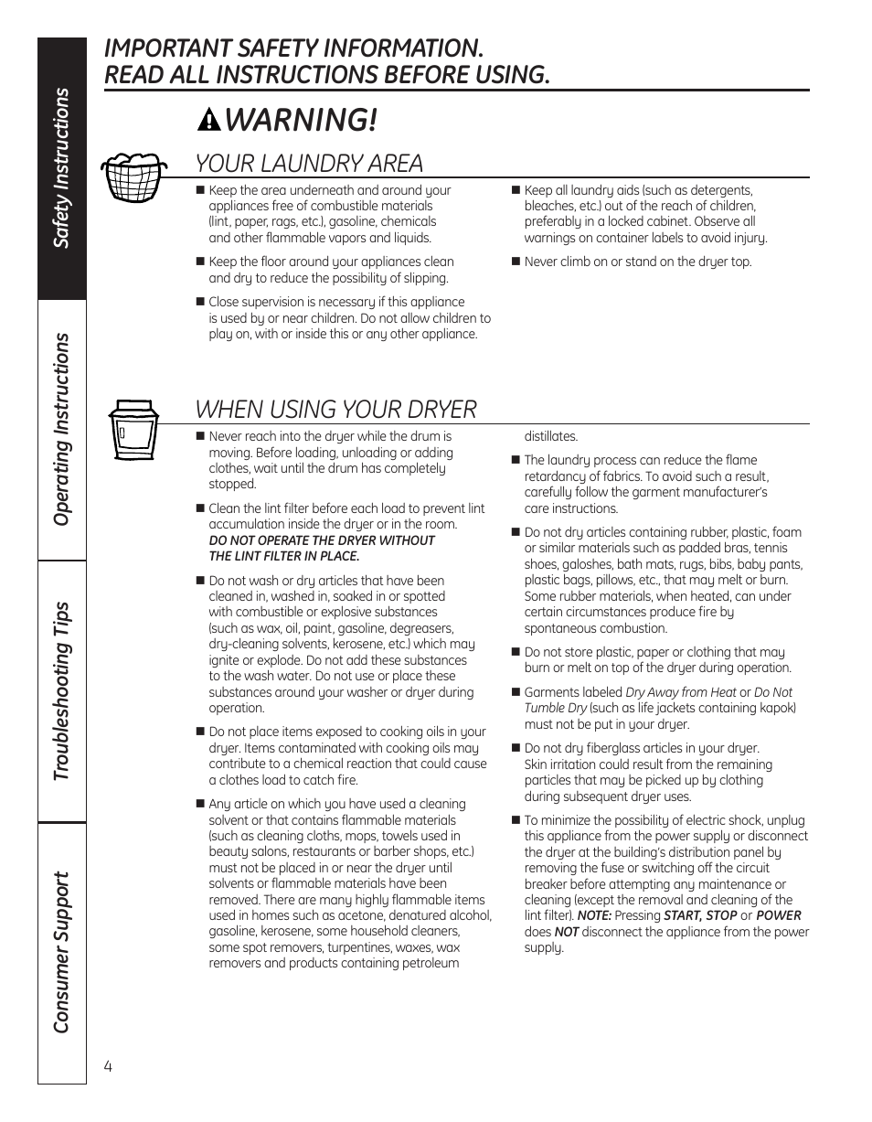 Warning, Your laundry area, When using your dryer | GE DBVH520 User Manual | Page 4 / 56