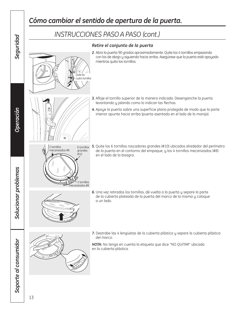 Instruccionespasoapaso(cont.), Cómo cambiar el sentido de apertura de la puerta | GE DBVH520 User Manual | Page 41 / 56