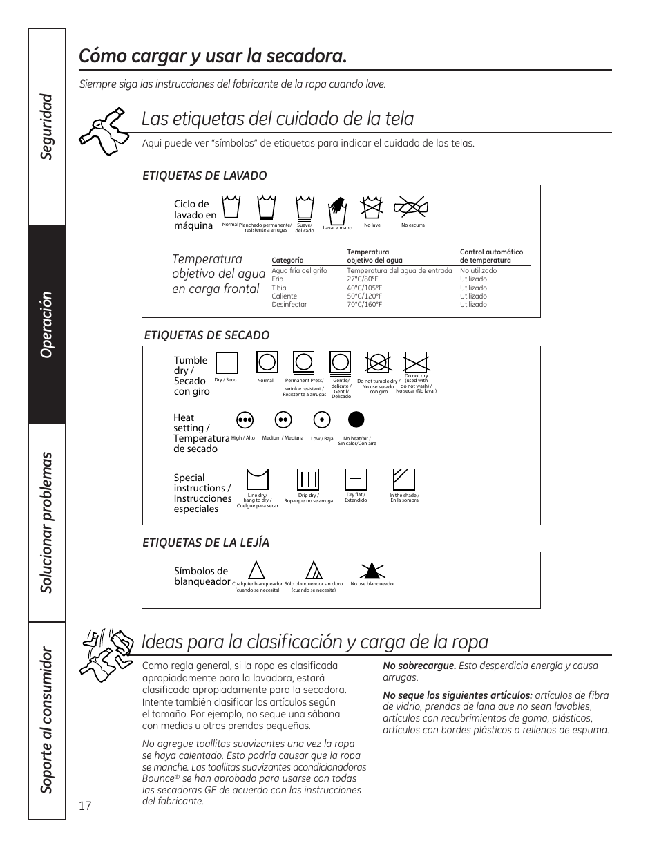 La secadora , 18, Lasetiquetasdelcuidadodelatela | GE DBVH520 User Manual | Page 45 / 56