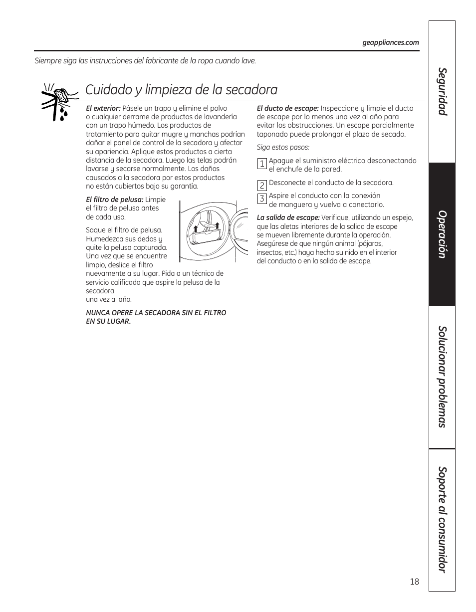 Cuidadoylimpiezadelasecadora | GE DBVH520 User Manual | Page 46 / 56