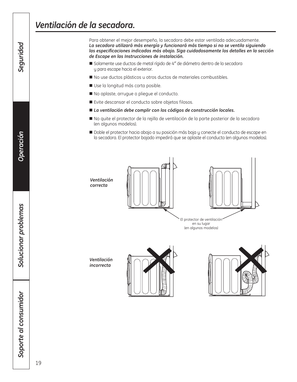 Ventilación de la secadora | GE DBVH520 User Manual | Page 47 / 56