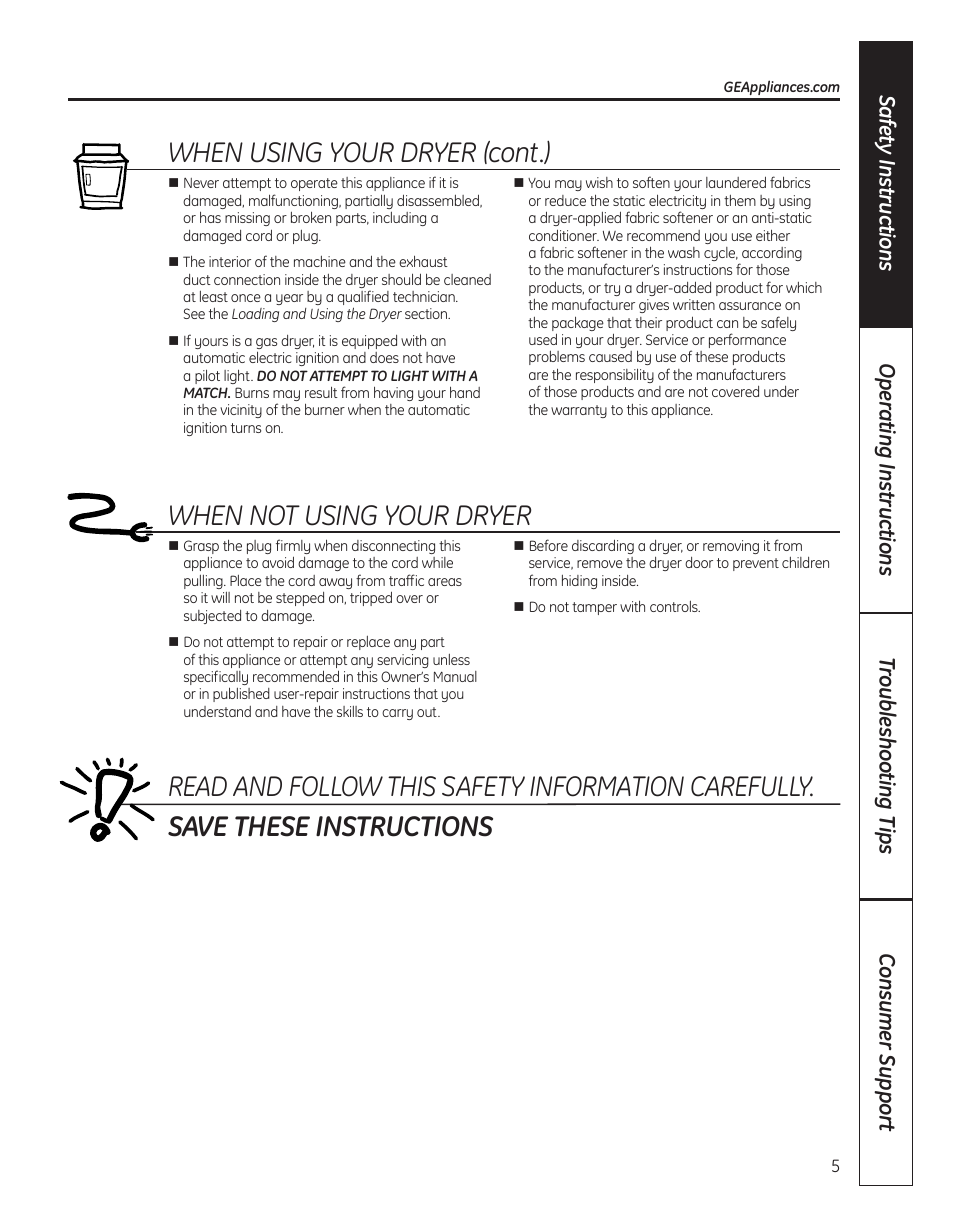 When not using your dryer, When using your dryer (cont.) | GE DBVH520 User Manual | Page 5 / 56