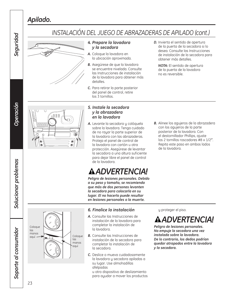 Advertencia, Apilado | GE DBVH520 User Manual | Page 51 / 56