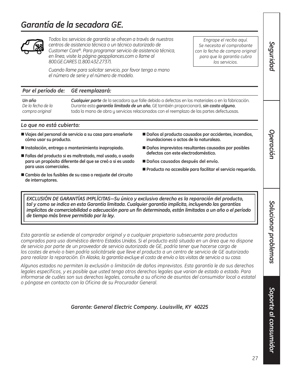 Soporte al consumidor, Garantía, Garantía de la secadora ge | GE DBVH520 User Manual | Page 55 / 56