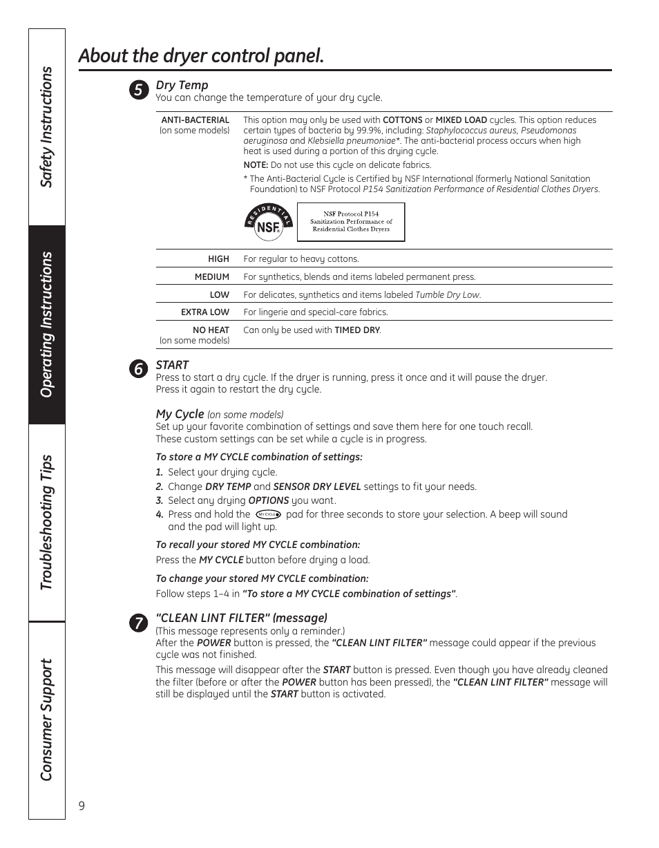 About the dryer control panel | GE DBVH520 User Manual | Page 9 / 56