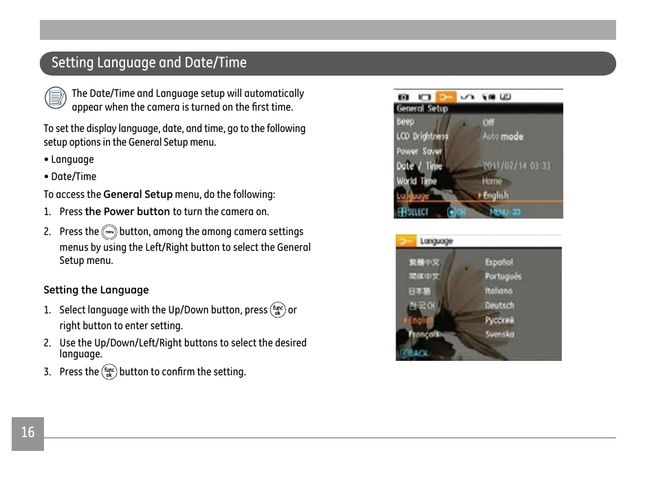 16 17 setting language and date/time | GE PJ1 User Manual | Page 19 / 91