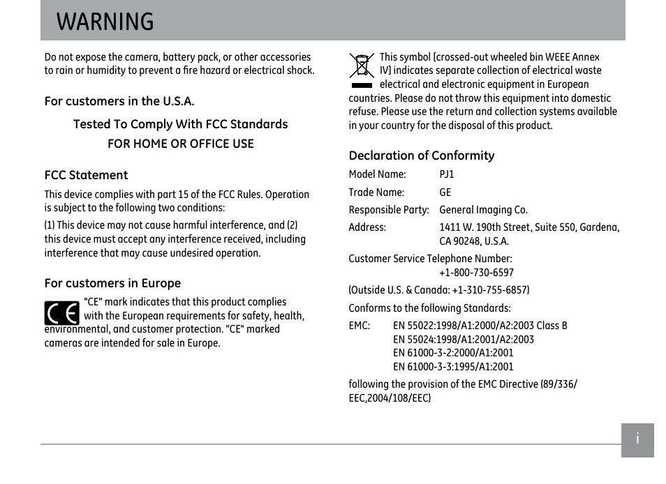 Warning | GE PJ1 User Manual | Page 2 / 91