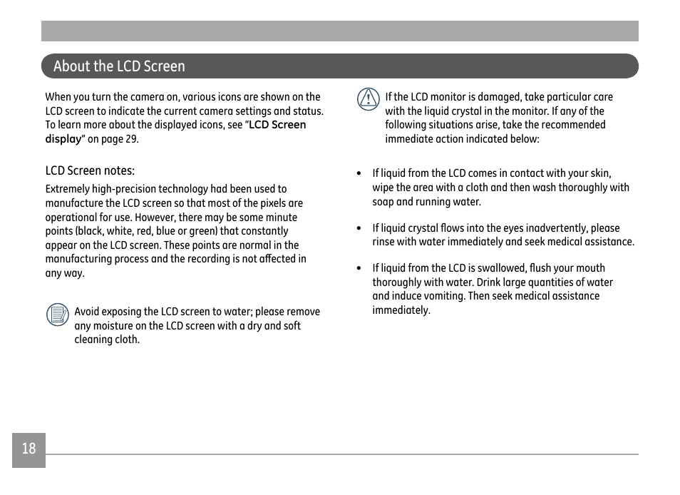 About the lcd screen | GE PJ1 User Manual | Page 21 / 91