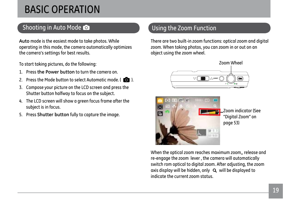 Basic operation, Shooting in auto mode, Using the zoom function | GE PJ1 User Manual | Page 22 / 91