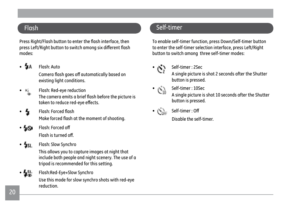 Self-timer | GE PJ1 User Manual | Page 23 / 91