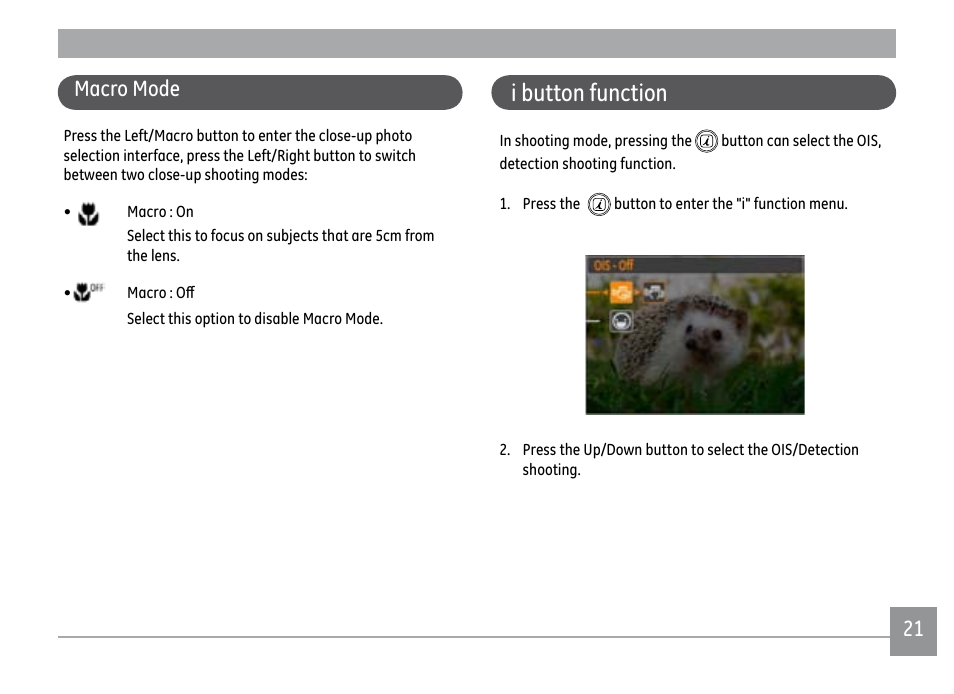 I button function, Macro mode | GE PJ1 User Manual | Page 24 / 91
