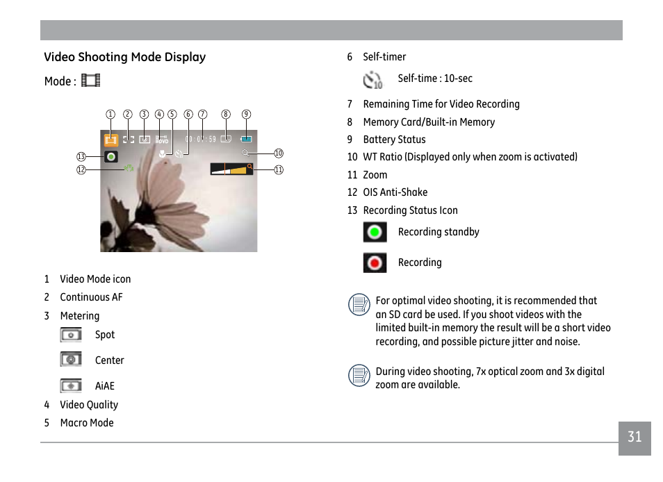 Video shooting mode display mode | GE PJ1 User Manual | Page 34 / 91