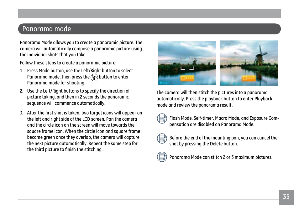 Panorama mode | GE PJ1 User Manual | Page 38 / 91