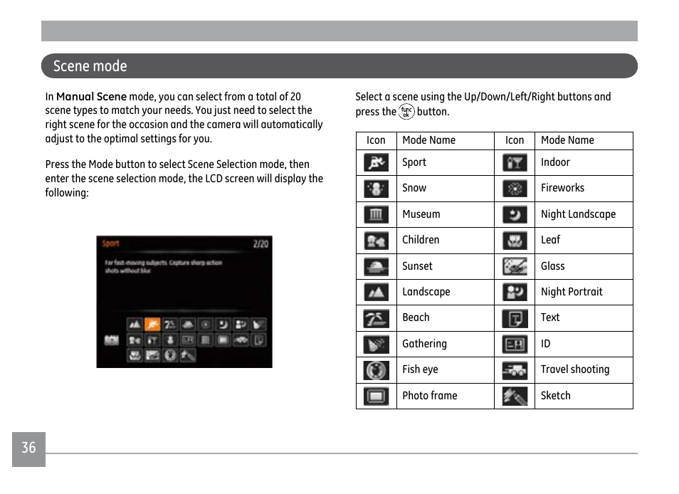 Scene mode | GE PJ1 User Manual | Page 39 / 91