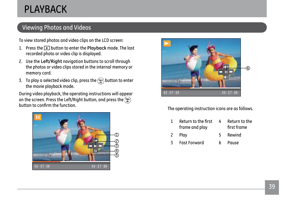 Playback, 38 39 viewing photos and videos | GE PJ1 User Manual | Page 42 / 91