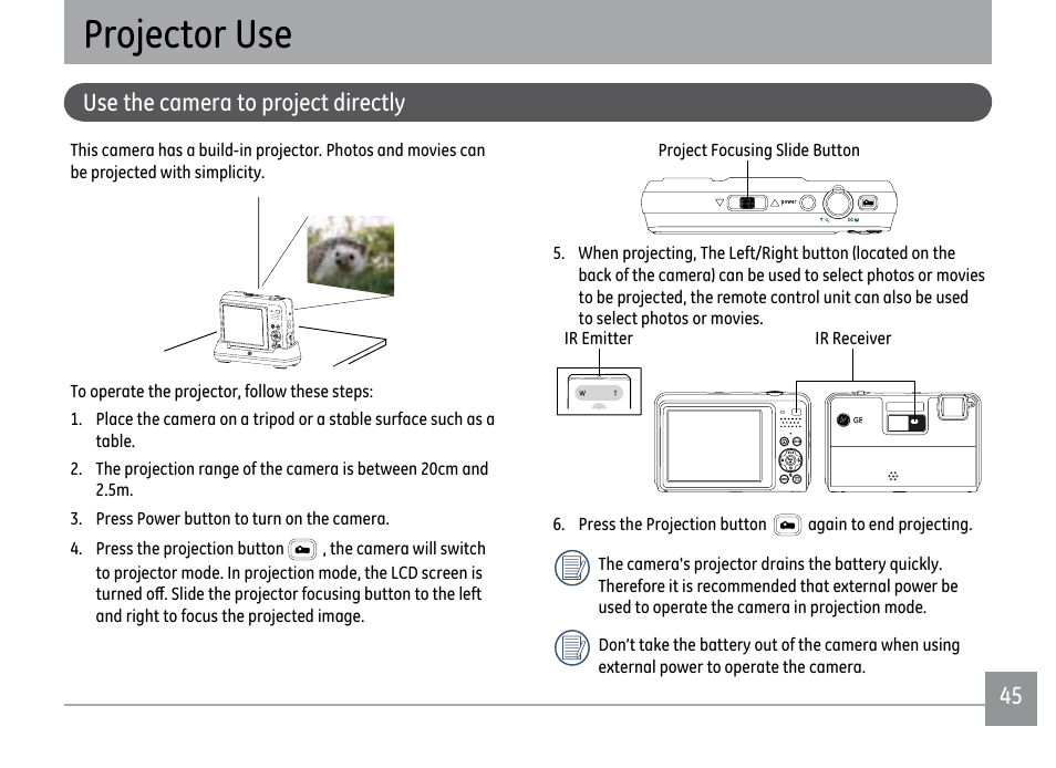 Projector use, Use the camera to project directly | GE PJ1 User Manual | Page 48 / 91