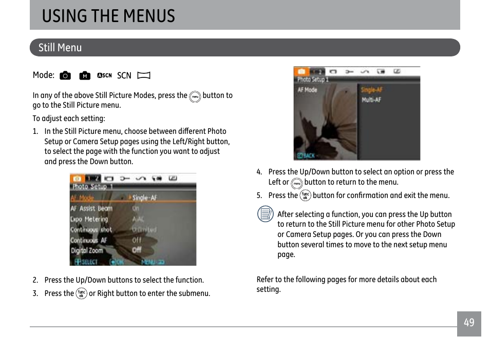 Using the menus, 48 49 still menu | GE PJ1 User Manual | Page 52 / 91