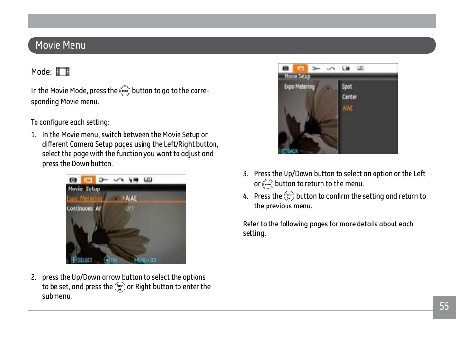54 55 movie menu | GE PJ1 User Manual | Page 58 / 91