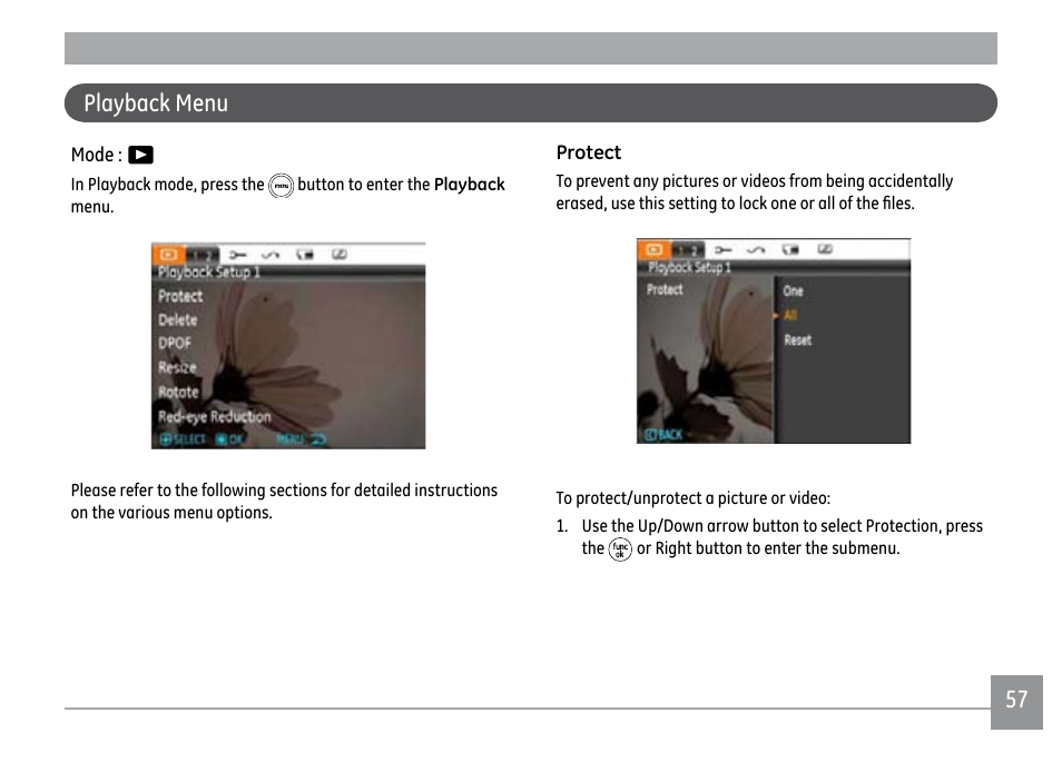 56 57 playback menu | GE PJ1 User Manual | Page 60 / 91