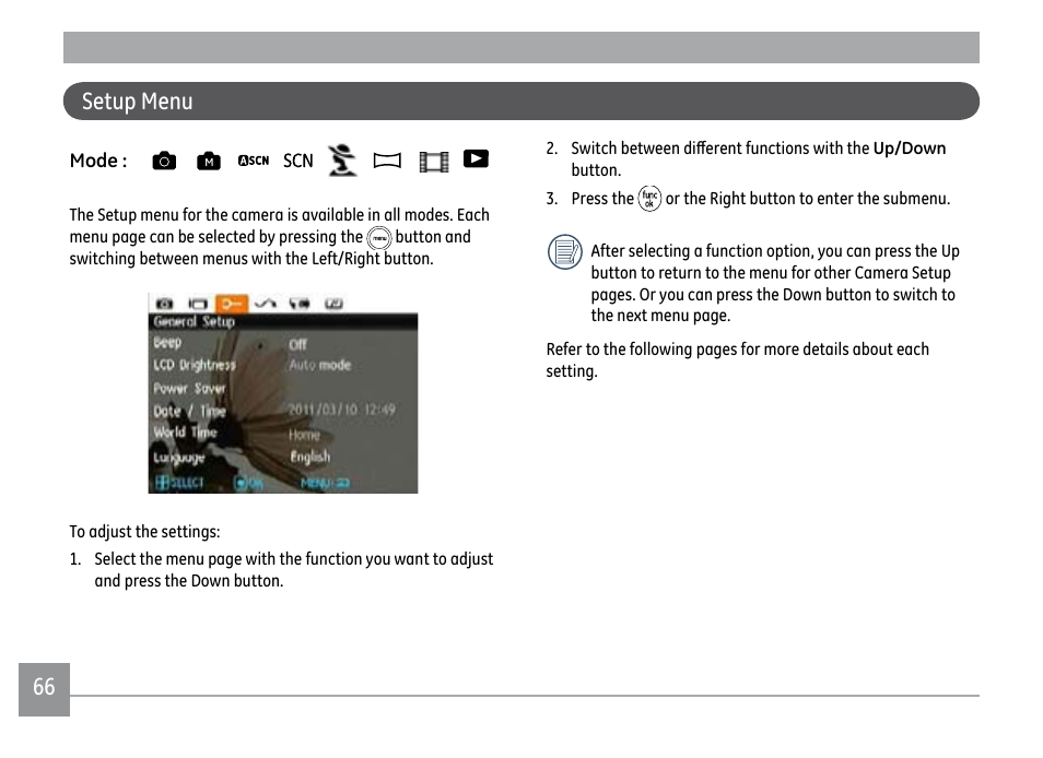 66 67 setup menu | GE PJ1 User Manual | Page 69 / 91