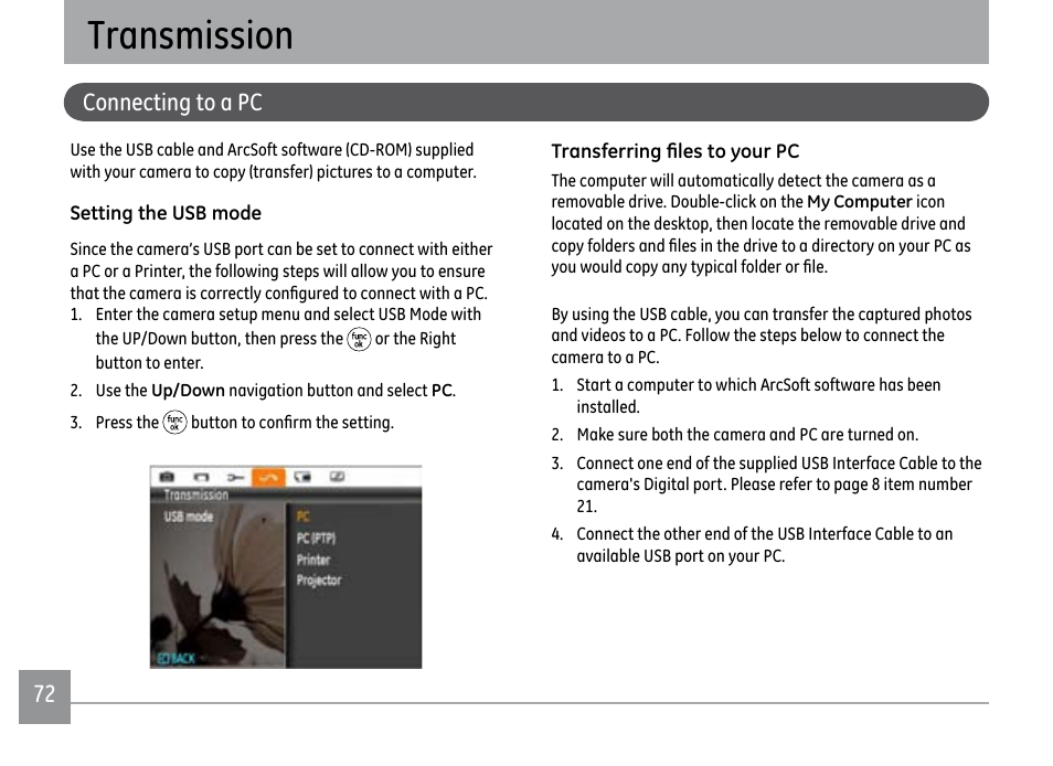 Transmission, Connecting to a pc | GE PJ1 User Manual | Page 75 / 91