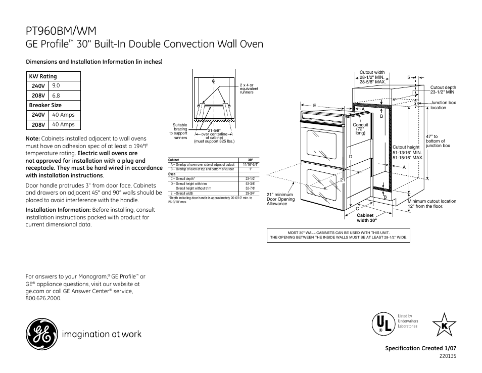 GE PT960BM/WM User Manual | 2 pages