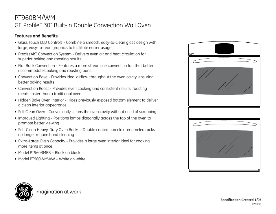 Pt960bm/wm, Ge profile, 30" built-in double convection wall oven | GE PT960BM/WM User Manual | Page 2 / 2