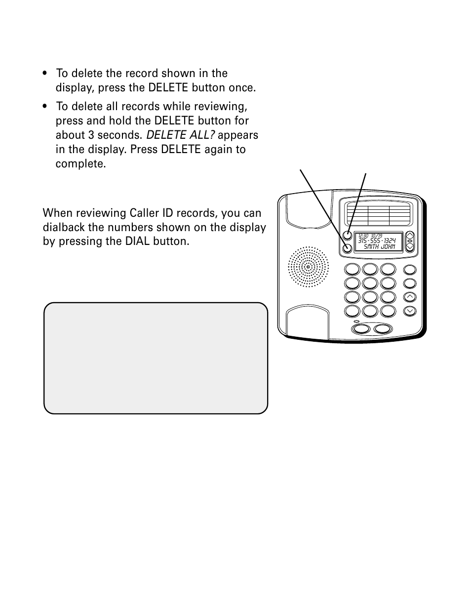 Deleting call records, Dialing back, Eleting | Ecords, Ialing | GE 29299 User Manual | Page 17 / 72