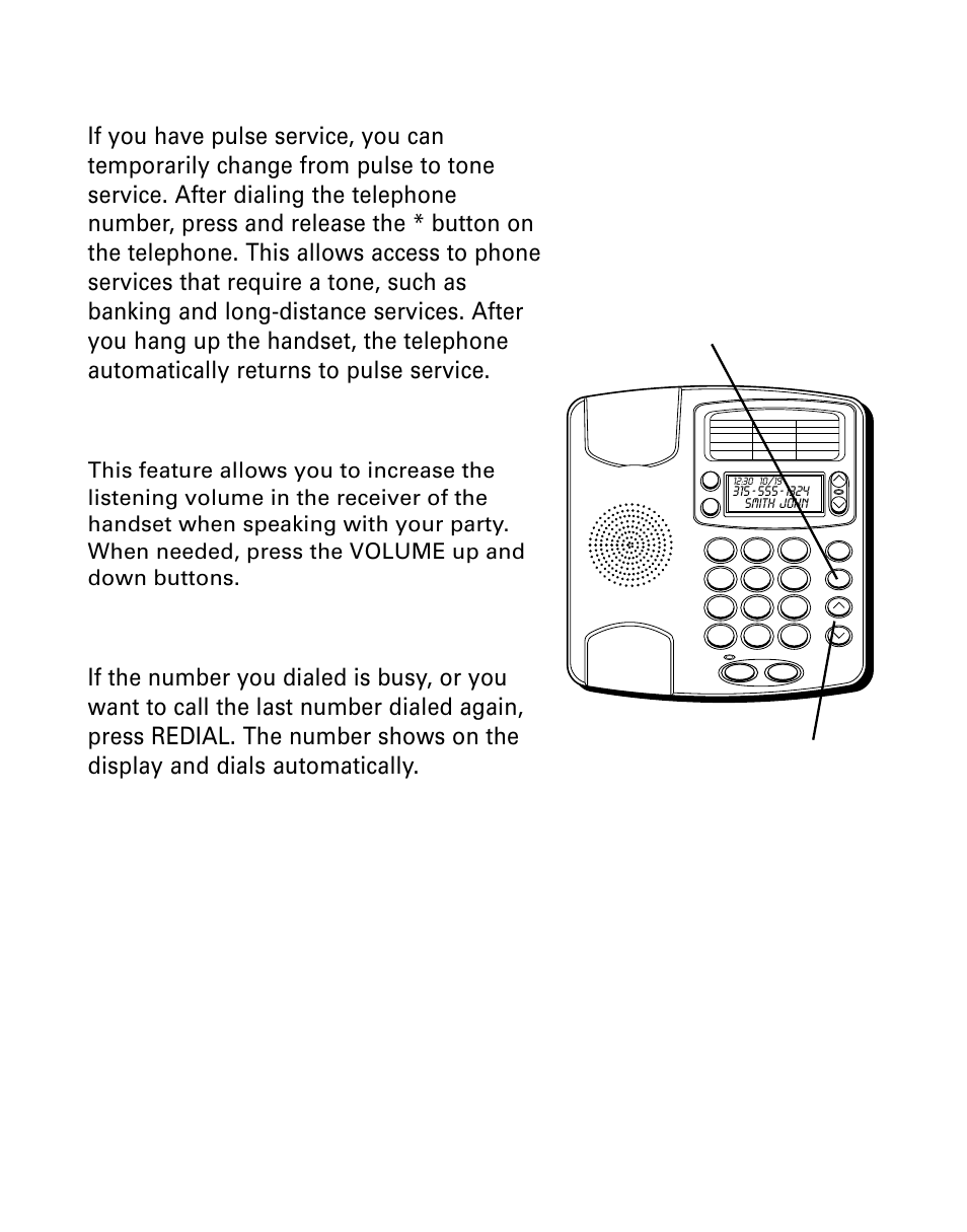 Temporary tone dialing, Volume control, Redial | Emporary, Ialing, Olume, Ontrol, Edial | GE 29299 User Manual | Page 22 / 72