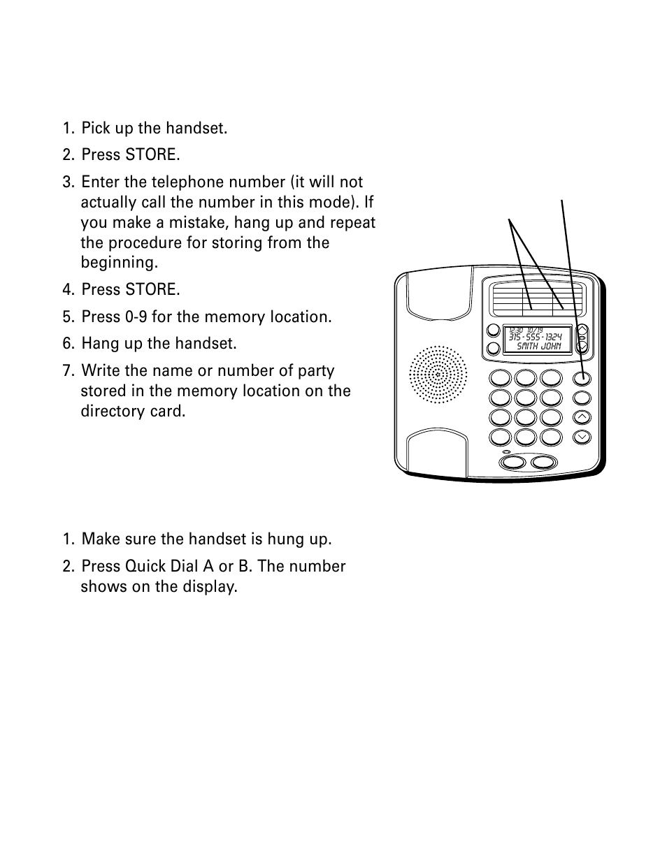 Storing frequently called numbers, Reviewing numbers stored in memory, Quick dial numbers | Toring, Requently, Alled, Umbers, Eviewing, Tored, Emory | GE 29299 User Manual | Page 26 / 72