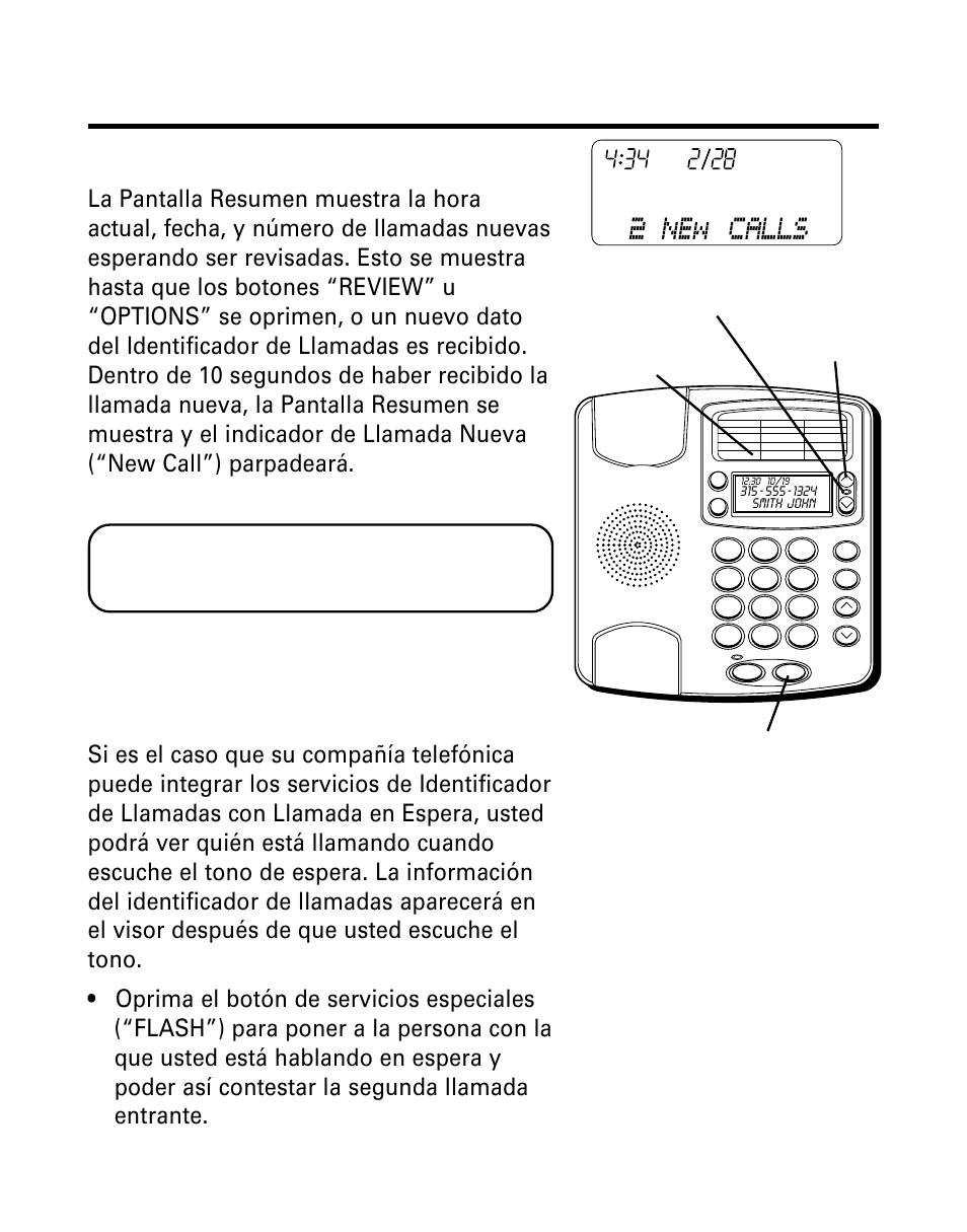 Funciones del identificador de llamadas, Pantalla sumario, Identificador de llamadas con llamada en espera | Unciones, Dentificador, Lamadas, Antalla, Umario, Lamada, Spera | GE 29299 User Manual | Page 51 / 72