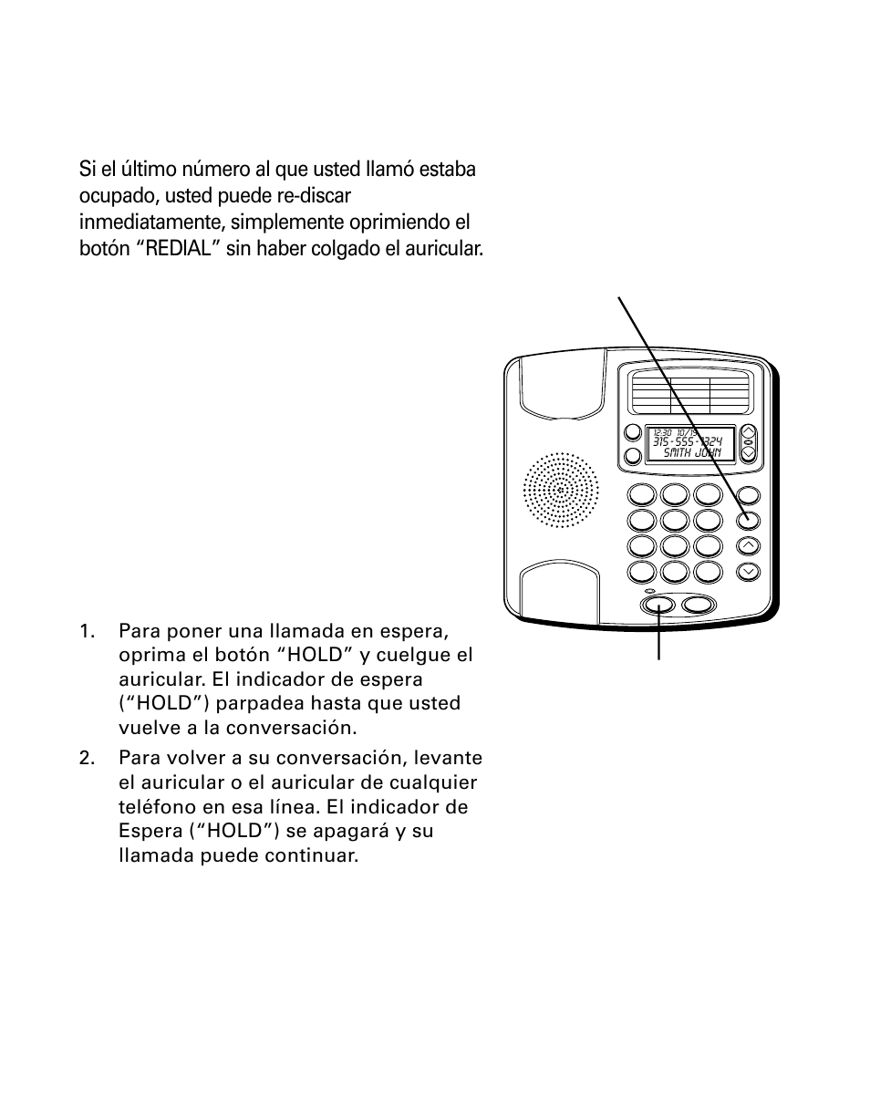 Para volver a marcar con un solo toque, En espera, Volver | Marcar, Solo, Toque, Spera, Un solo | GE 29299 User Manual | Page 59 / 72