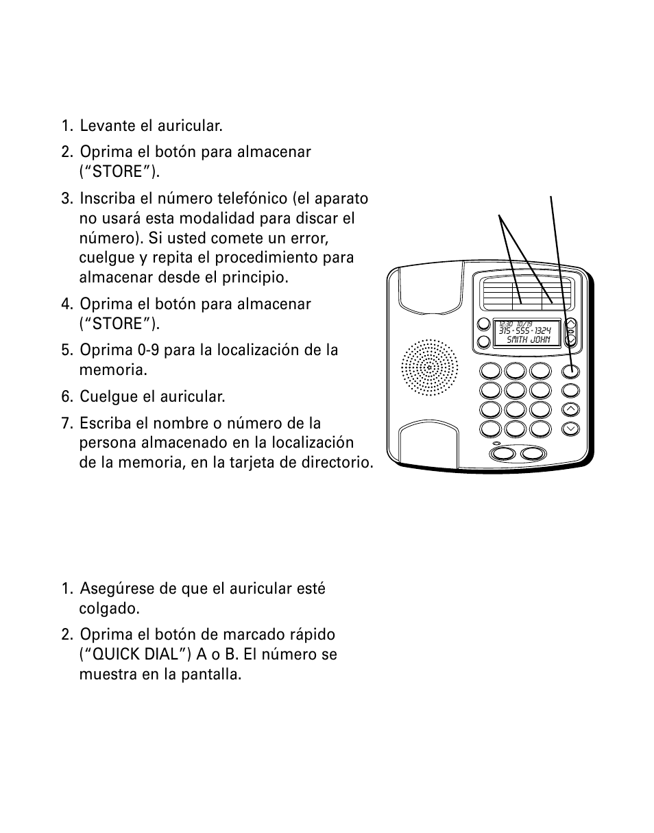 Para almacenar números llamados frecuentemente, Para revisar números almacenados en la memoria, Números de marcado rápido | Almacenar, Números, Llamados, Frecuentemente, Revisar, Almacenados, Memoria | GE 29299 User Manual | Page 62 / 72