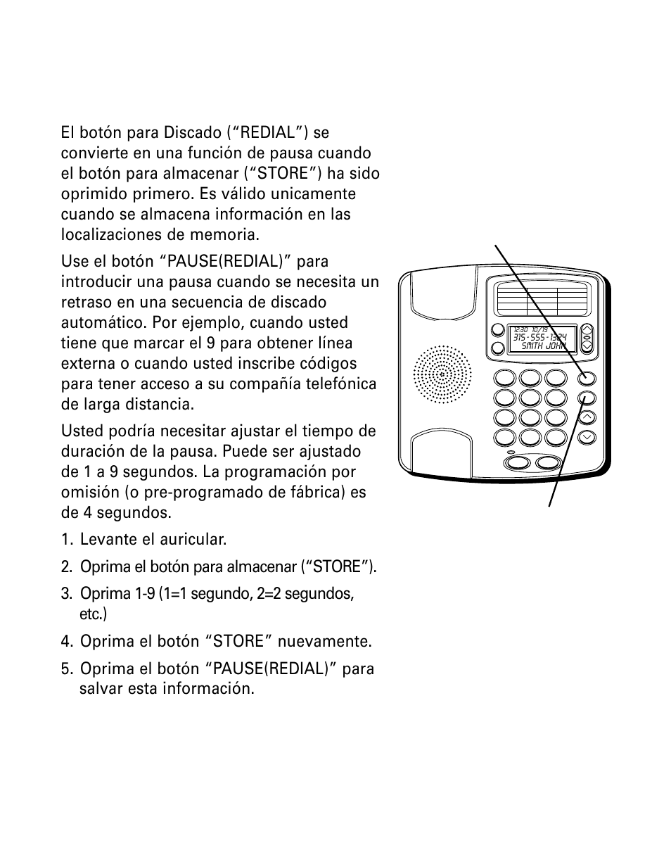 Para almacenar una pausa en la memoria, Almacenar, Pausa | Memoria | GE 29299 User Manual | Page 64 / 72