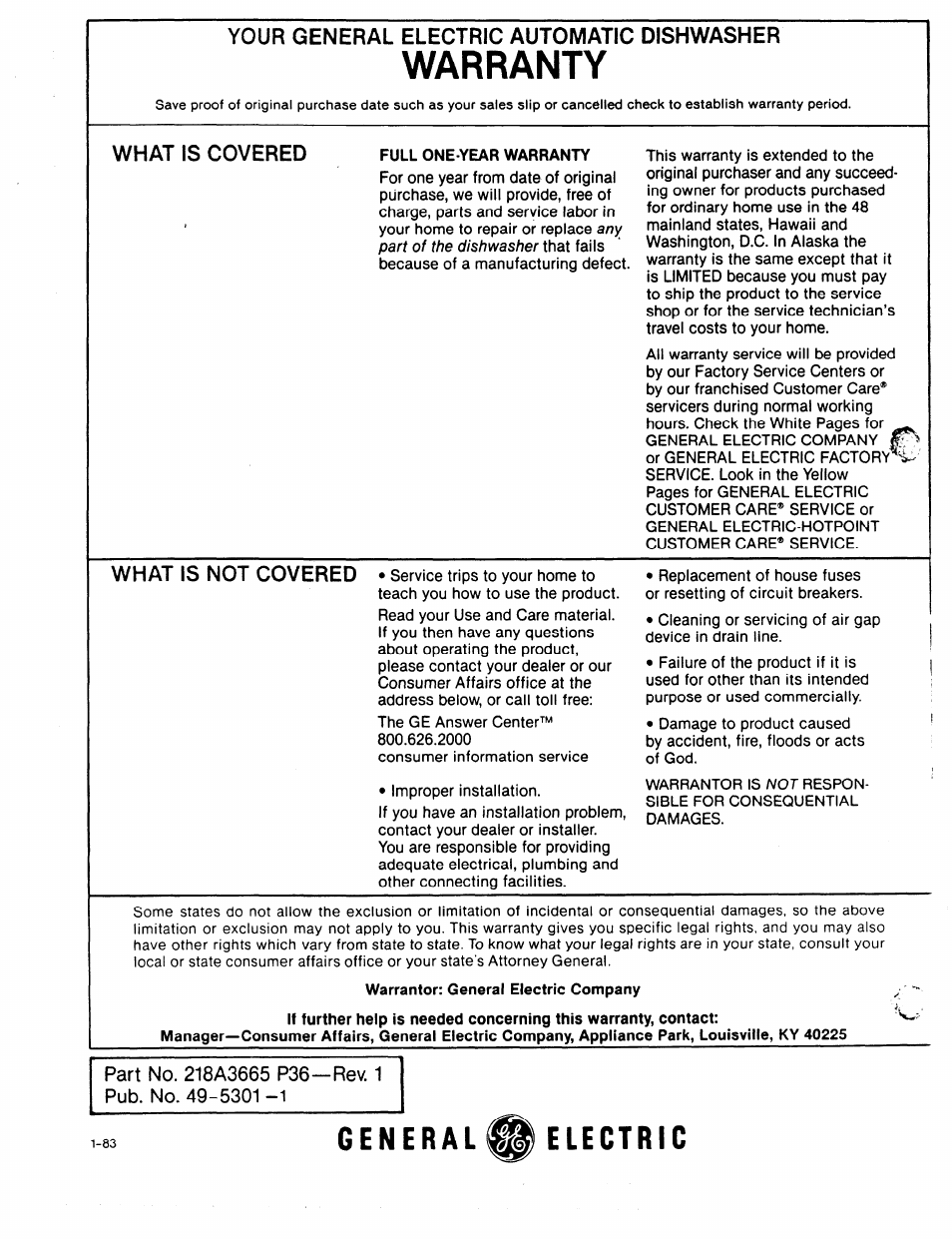 Your general electric automatic dishwasher, Vvmnnmi^ i i, Ilf a op> a kitw | What is covered, Wmai lb inui uuvtrtu, Warrantor* ganoral elartrin rtnmnanv | GE 49-5301-1 User Manual | Page 16 / 16