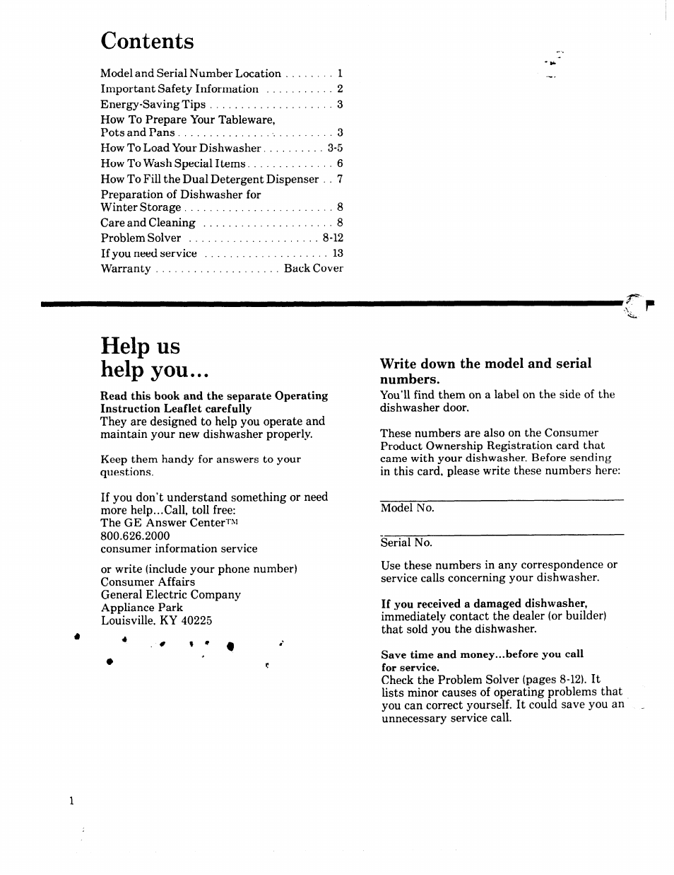 Write down the model and serial numbers, Help us | GE 49-5301-1 User Manual | Page 2 / 16