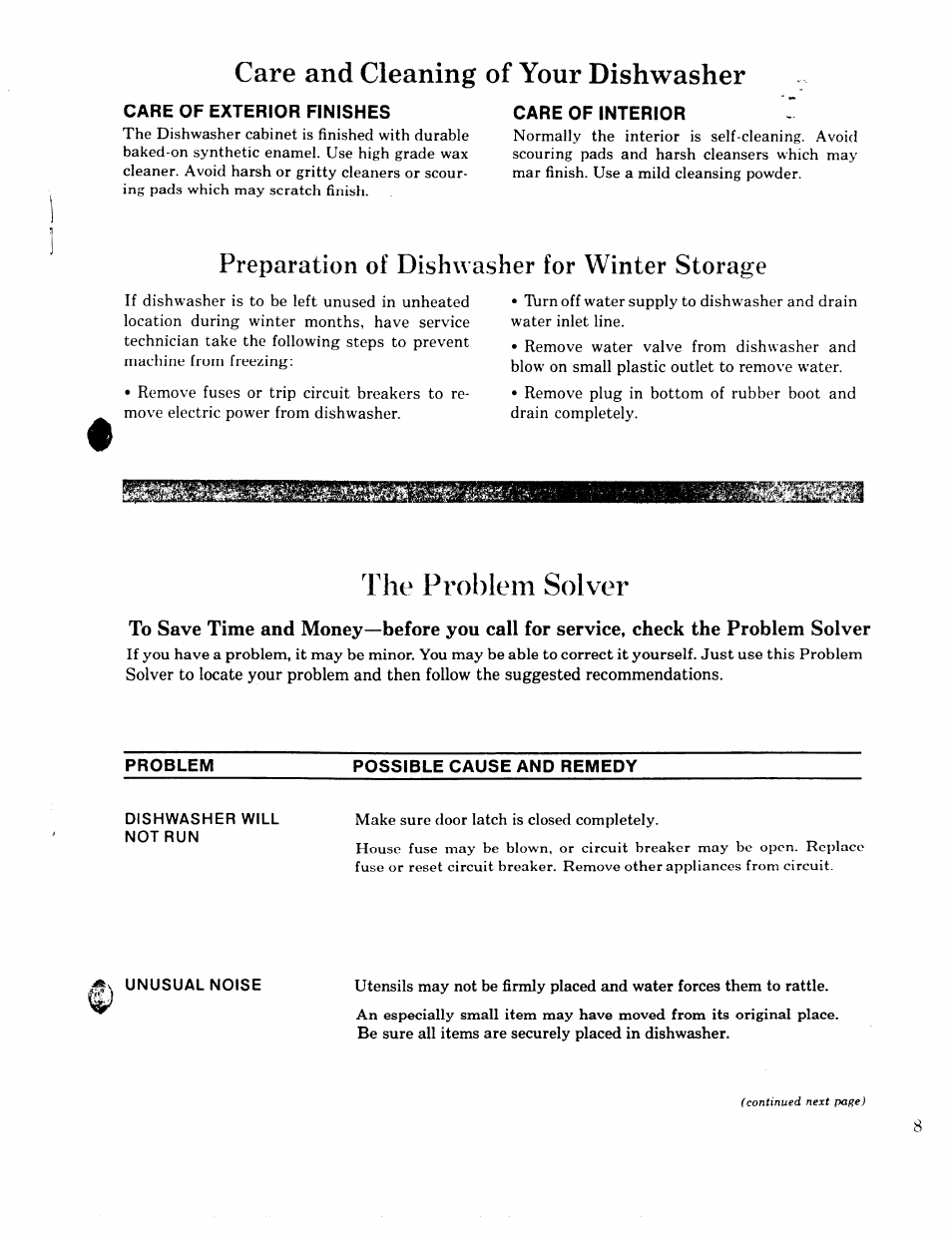 Care of exterior finishes, Care of interior, Dishwasher will not run | Care and cleanine of your dishwasher, Preparation of dishwasher for winter storaire, 1 he prolilern solver | GE 49-5301-1 User Manual | Page 9 / 16