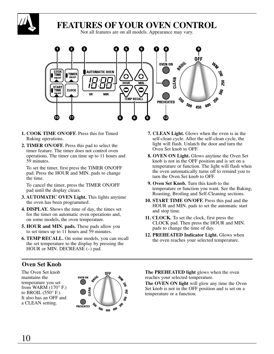 Clock and timer, Control settings, Clock and timer , 11 | Control settings , 11, 10 features of your oven control, Oven set knob | GE EGR3000 User Manual | Page 10 / 52