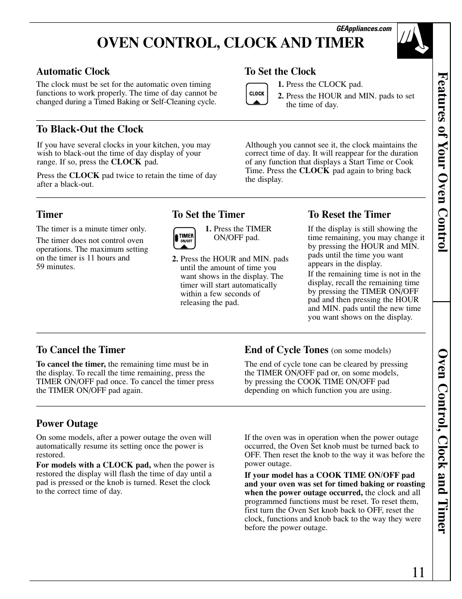 Oven control, clock and timer | GE EGR3000 User Manual | Page 11 / 52