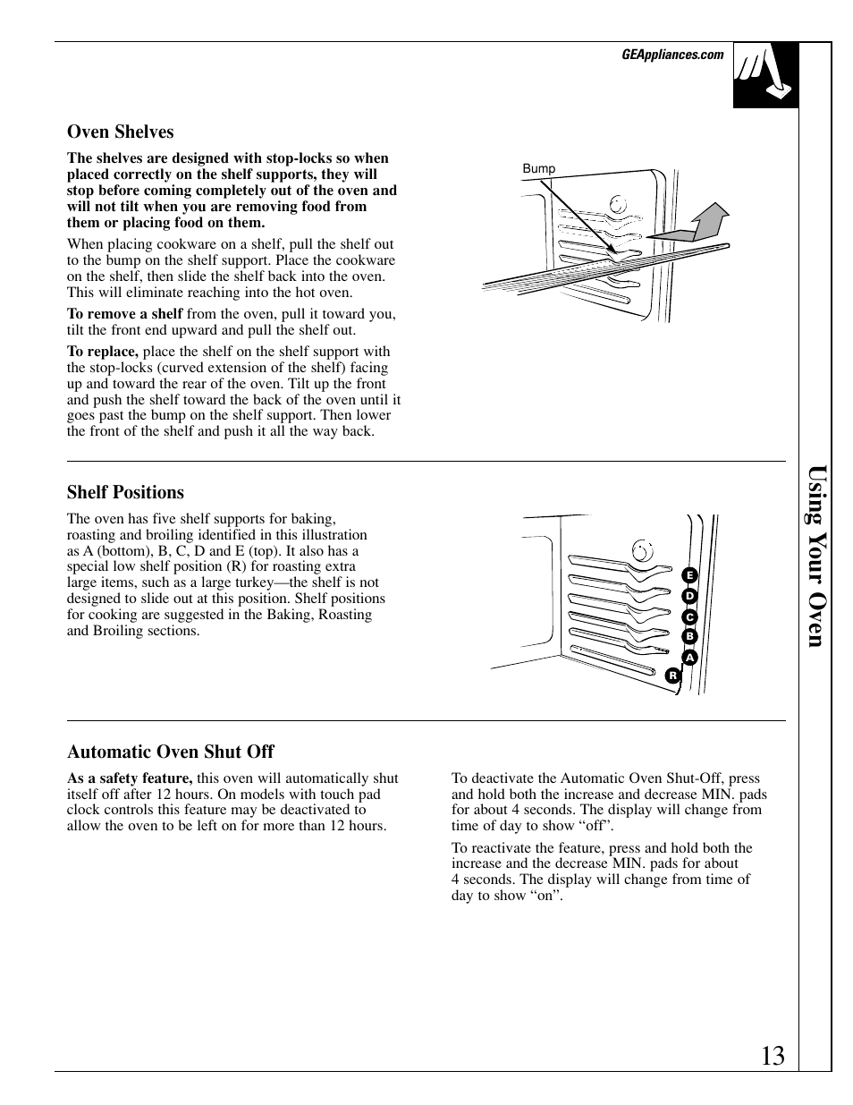 Shelves, Shelves –15, 26, Using y our oven | GE EGR3000 User Manual | Page 13 / 52