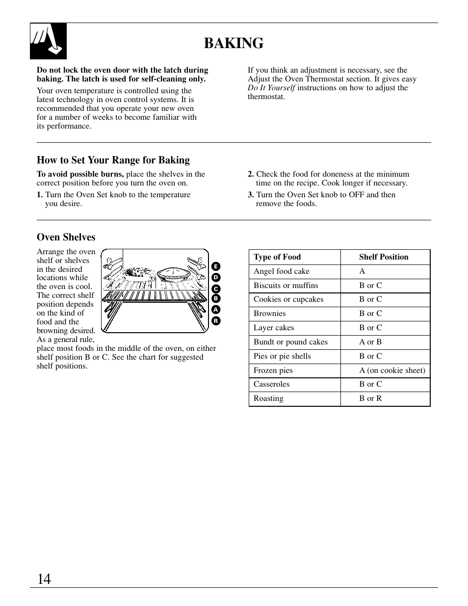 Baking, Baking –16, 14 baking | How to set your range for baking, Oven shelves | GE EGR3000 User Manual | Page 14 / 52