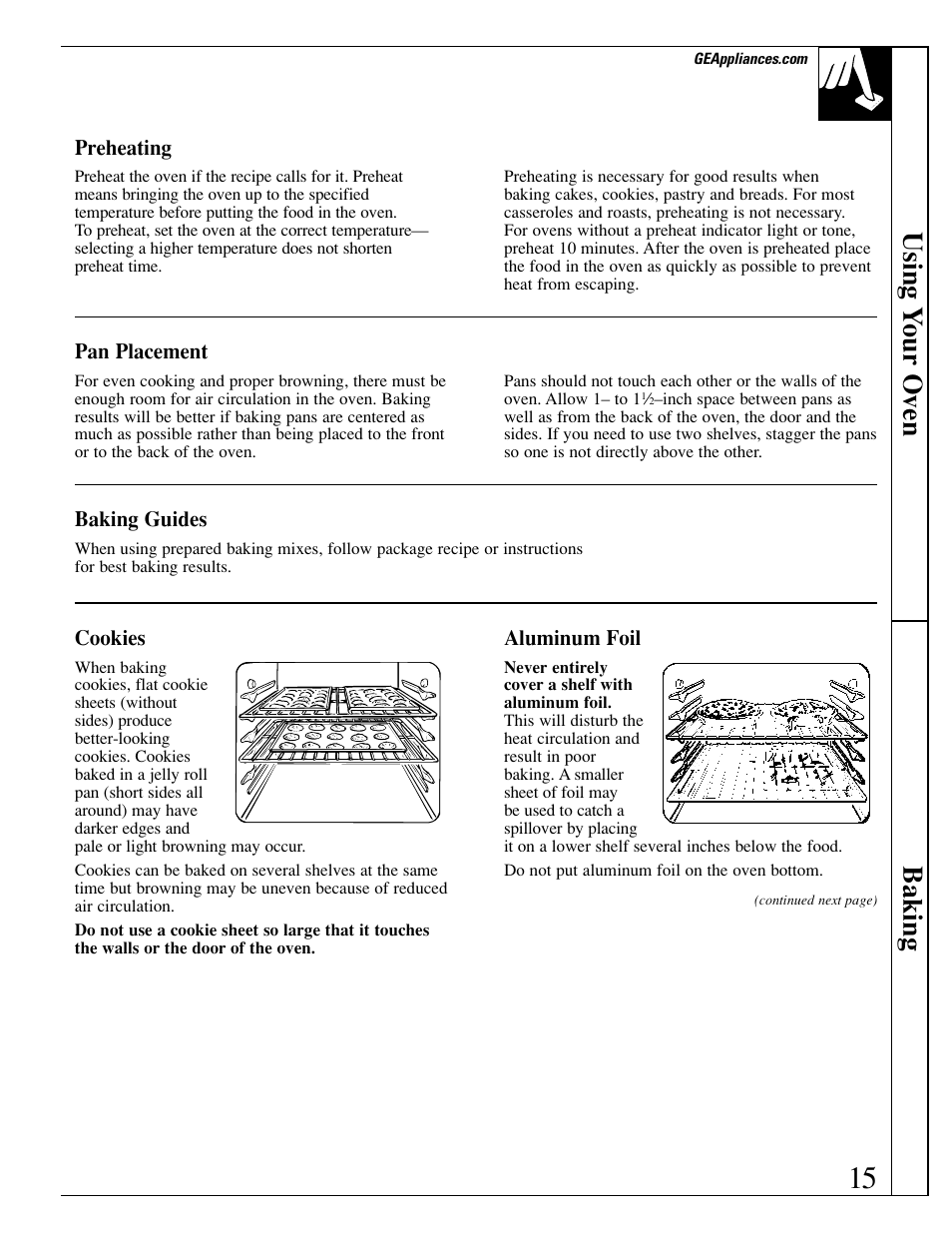 Preheating, Using y our oven baking | GE EGR3000 User Manual | Page 15 / 52