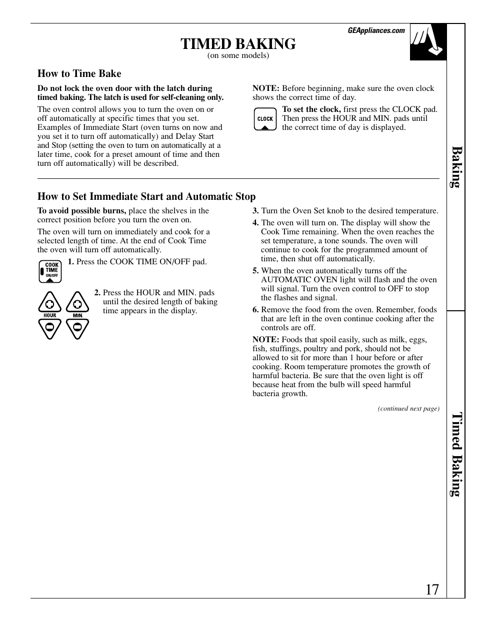 Door latch, Timed baking, Door latch , 22, 24, 27, 28 | Timed baking , 18, 17 timed baking, Baking t imed baking | GE EGR3000 User Manual | Page 17 / 52