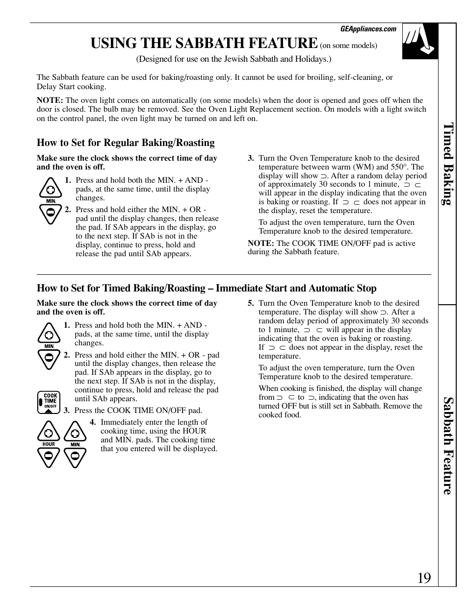 Sabbath feature, Sabbath feature , 20, 19 using the sabbath feature | Timed baking sabbath featur e | GE EGR3000 User Manual | Page 19 / 52