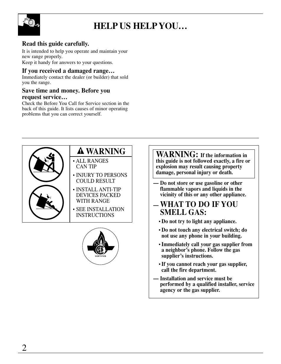 Safety instructions, Anti-tip device, Anti-tip device , 3, 36, 44, 45 | 2help us help you, Warning, What to do if you smell gas | GE EGR3000 User Manual | Page 2 / 52