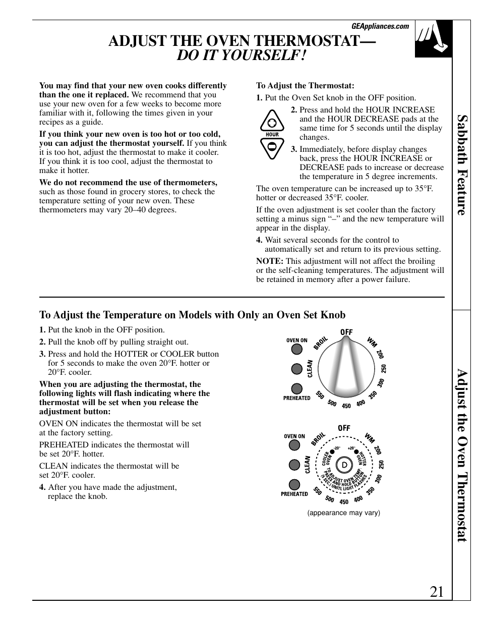 Thermostat adjustment, Thermostat adjustment – do it yourself, 21 adjust the oven thermostat— do it yourself | Sabbath featur e adjust the oven thermostat | GE EGR3000 User Manual | Page 21 / 52