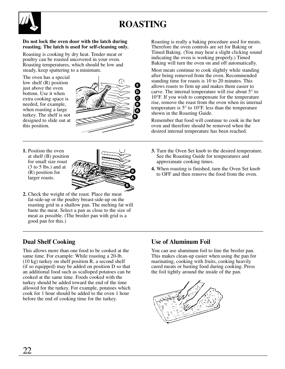 Roasting, roasting guide, Roasting, roasting guide , 23, 22 roasting | Dual shelf cooking use of aluminum foil | GE EGR3000 User Manual | Page 22 / 52