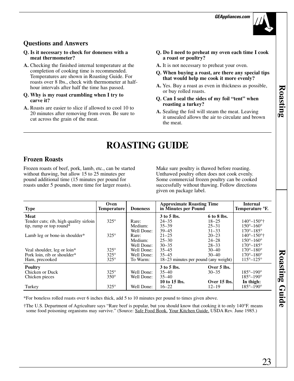 Roasting guide, Roasting roasting guide, Questions and answers | Frozen roasts | GE EGR3000 User Manual | Page 23 / 52